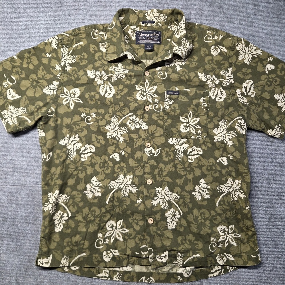 Abercrombie & Fitch Hawaiian Shirt Mens Large Olive Green Floral Button Down Y2K